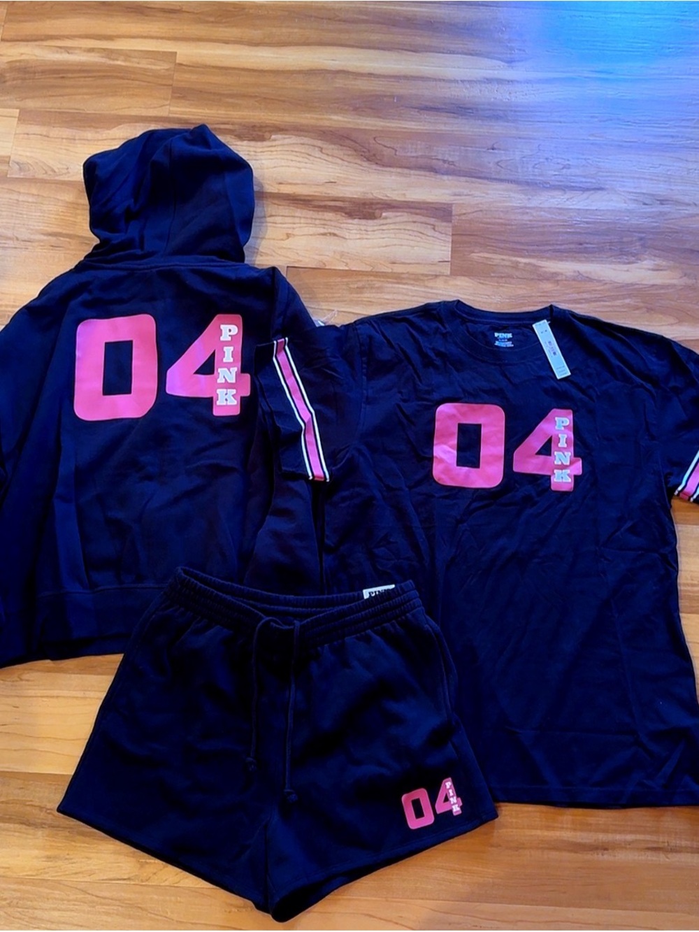 RARE PINK  3PC Matching Set Black 04 Campus Hoodie, Tee, Shorts Medium NWT HTF